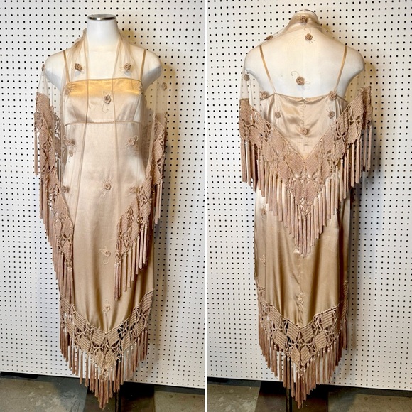 Sue Wong Dresses & Skirts - Sue Wong | 1990s Y2K Champagne Satin Macrame Fringe Slip Dress w/ Tulle Shawl